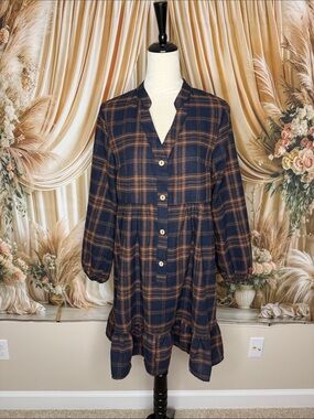 Cupshe Navy & Brown Plaid Tiered Button-Front Dress